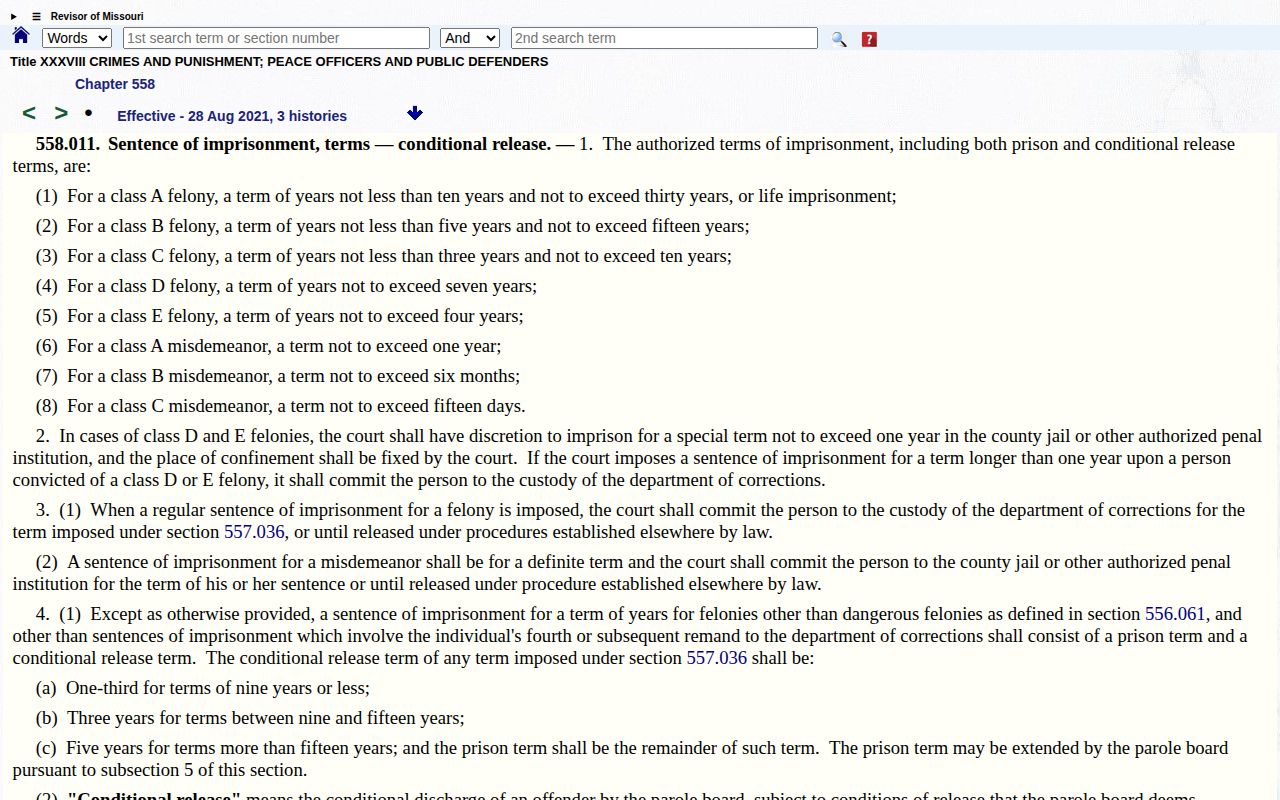 Missouri section 558.011 for Texas County conditional release dates