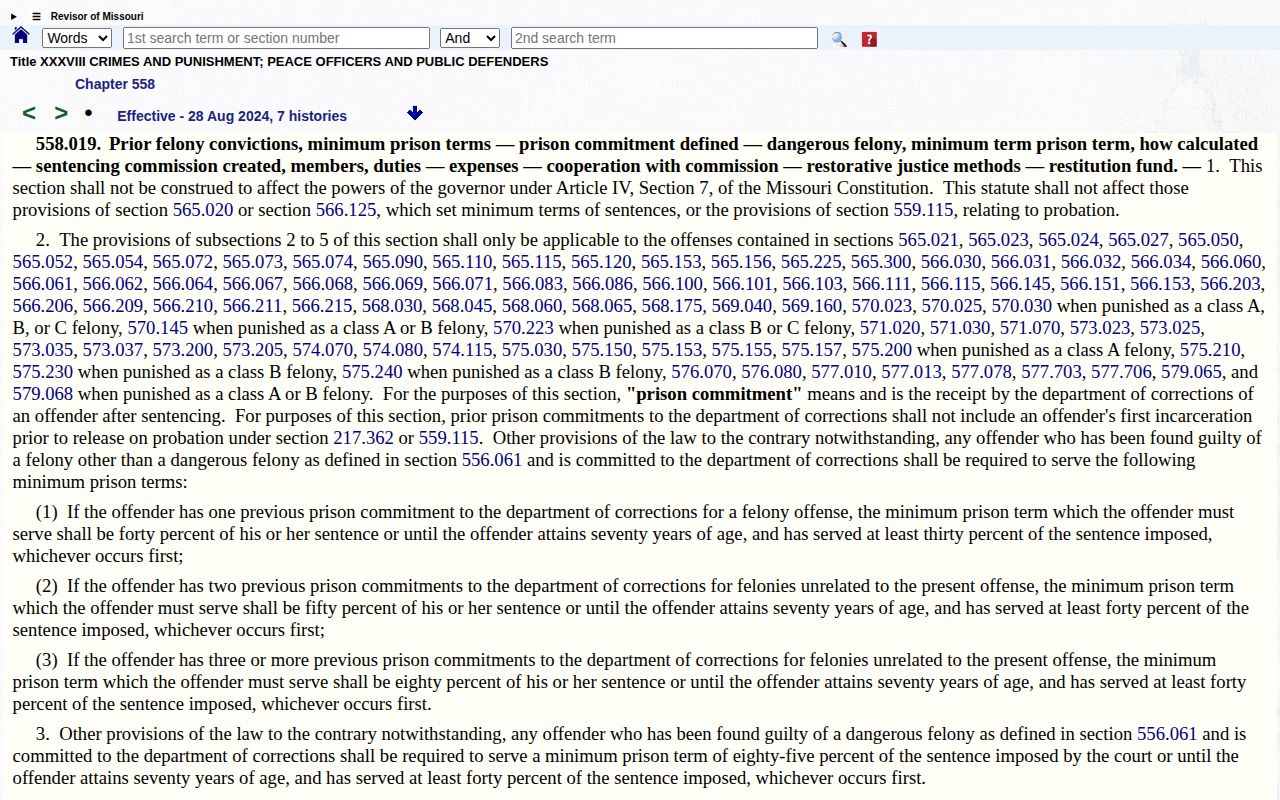 Missouri section 558.019 for Texas County inmate release date calculations