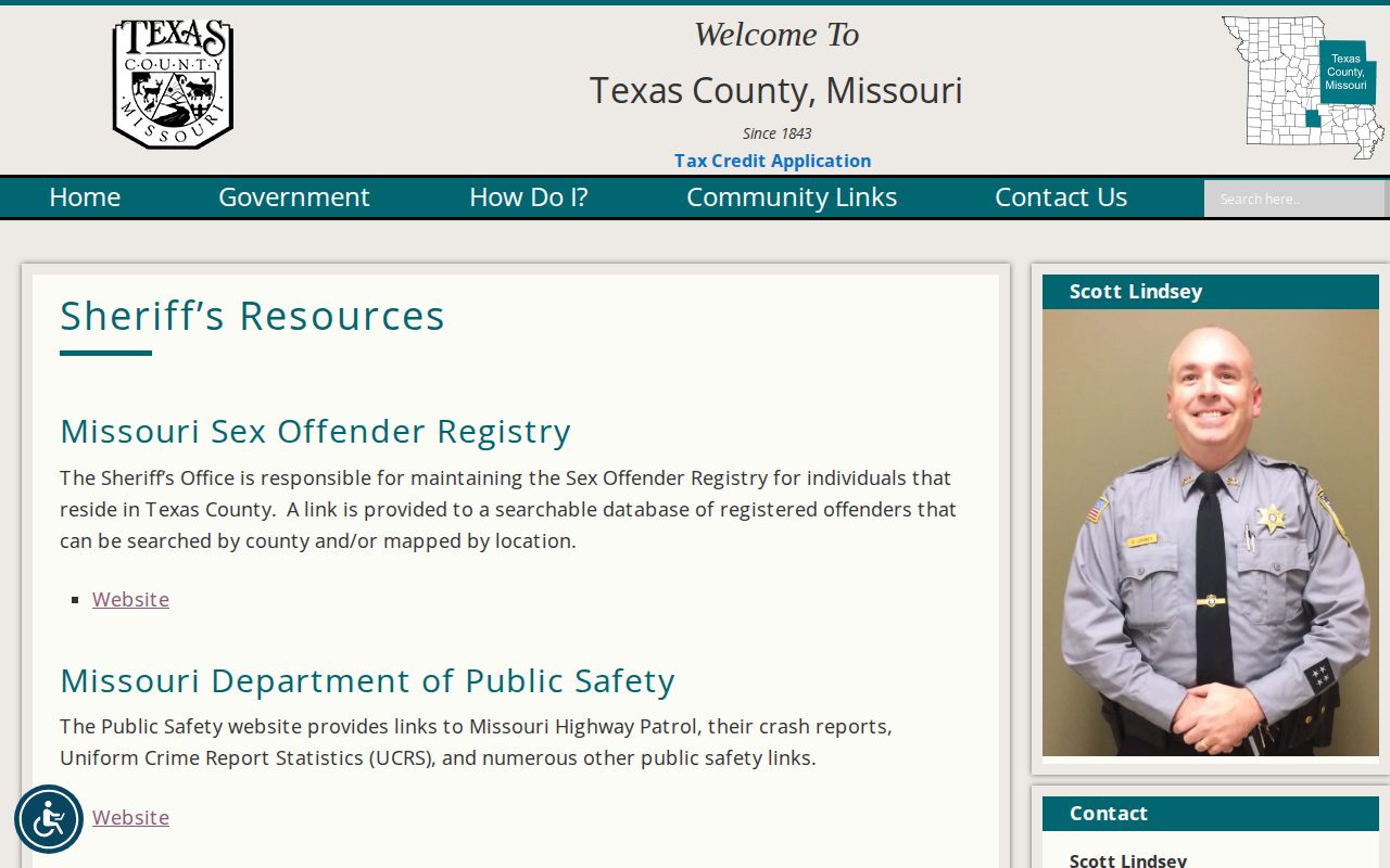 Texas County Sheriff resources page showing no official 24-hour release feed